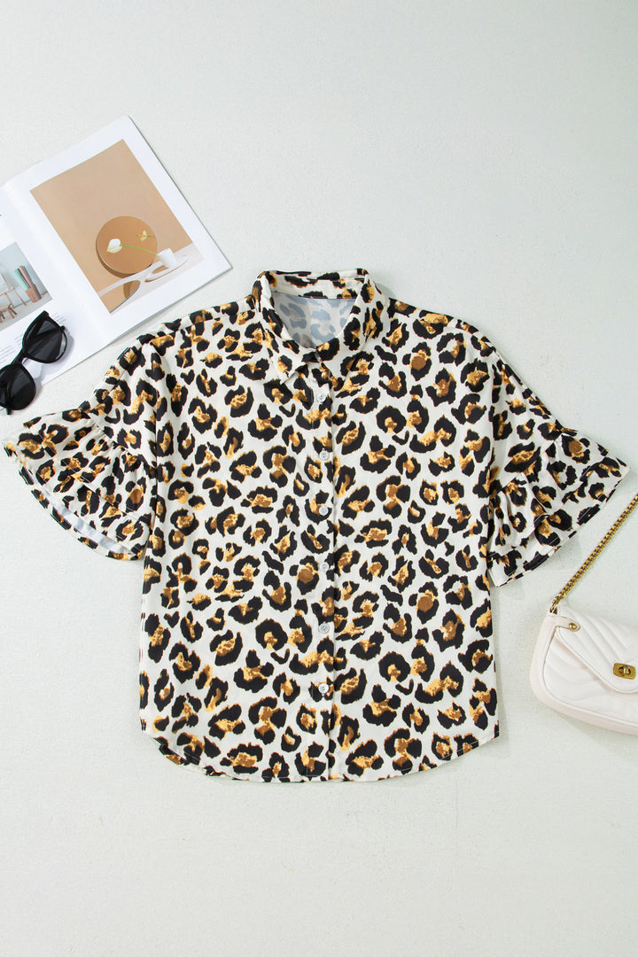 Leopard Print Ruffle Trim 3/4 Sleeve Loose Shirt