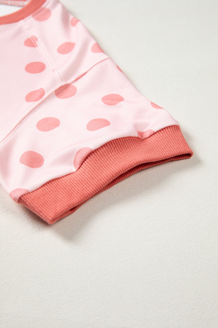 Pink Color Block Trim Polka Dot Casual Tee