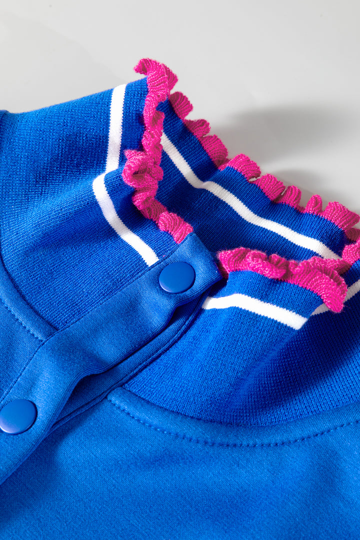 Contrast Frilled Trim Button Collared Short Sleeve Knit Top