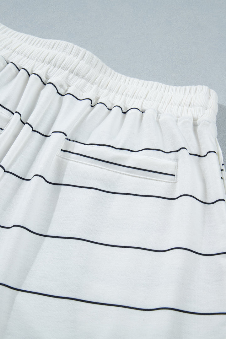 White Stripe Half Sleeve Tee Drawstring Shorts 2pcs Set
