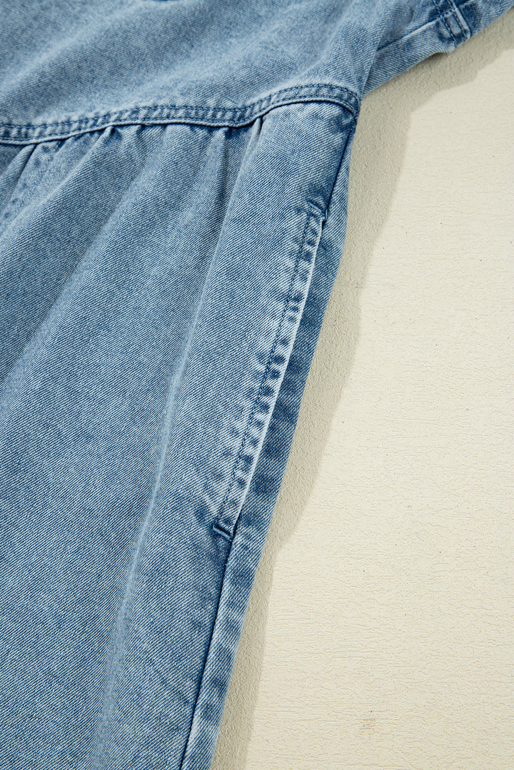 Smocked Cuffs Flared Denim Shirt Mini Dress