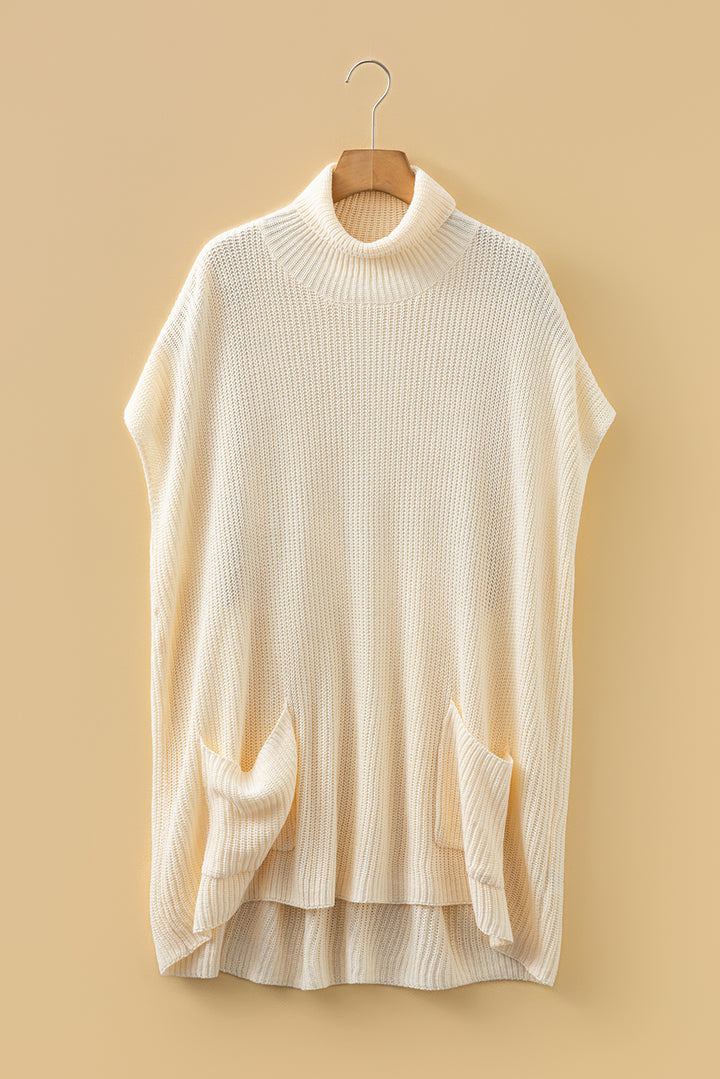 Jet Stream Plain Knit Casual Turtleneck Short Sleeve Tunic Sweater with Pockets