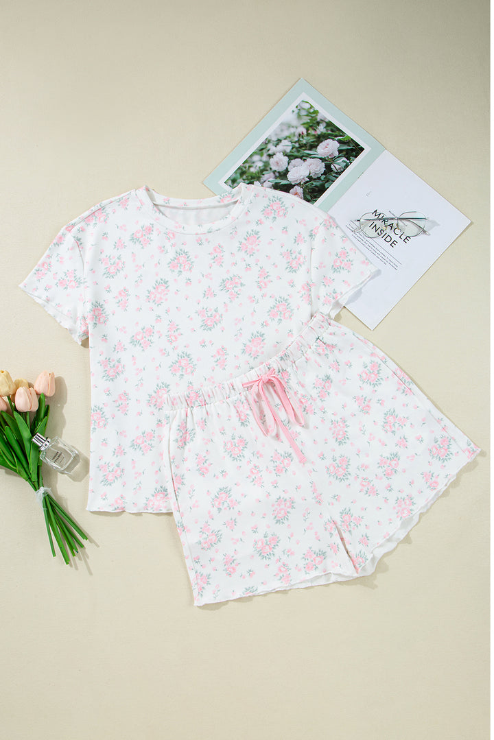 Cute Pink Floral Lettuce Trim Tee and Shorts Ribbed Lounge Set