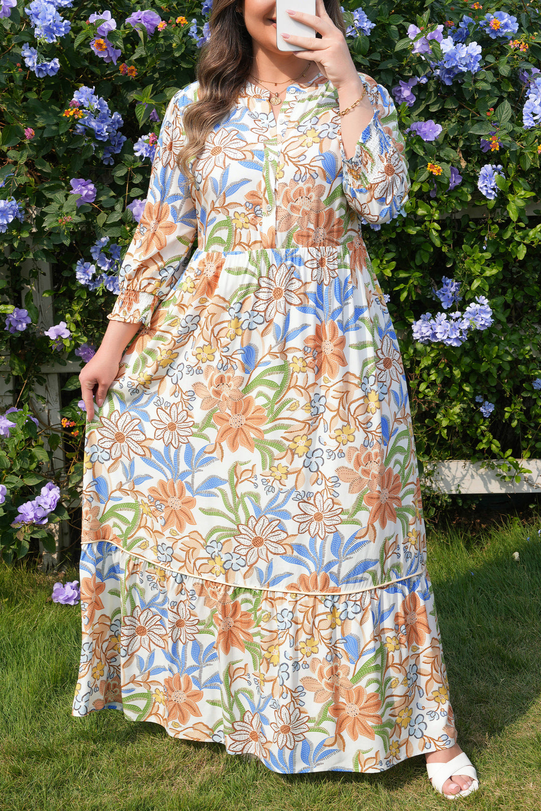 Khaki Floral Print 3/4 Sleeves Tiered Plus Size Long Dress