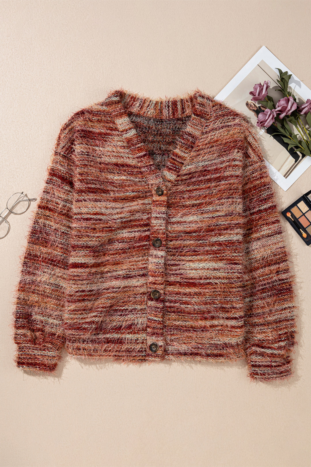 Tawny Fuzzy Striped Button Front Cardigan Sweater