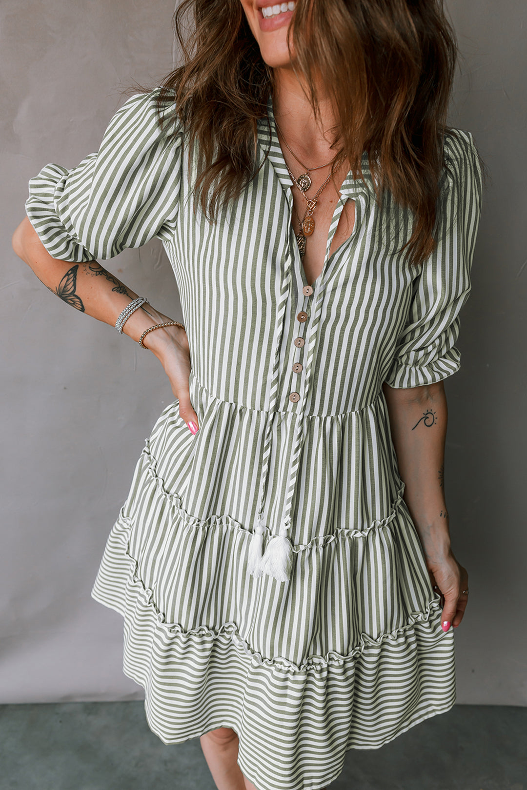 Tasseled Tie Neck Ruffled Short Sleeve Tiered Flattering Dress