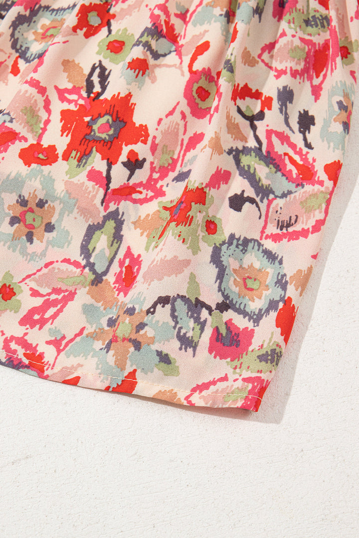floral print frilled neck puff sleeve high waist dress