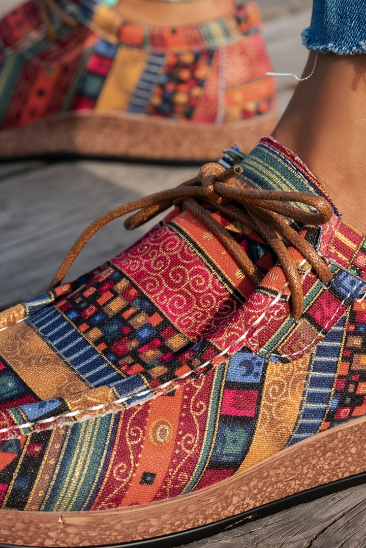 Western Print Faux Suede Lace-up Decor Slip On Shoes