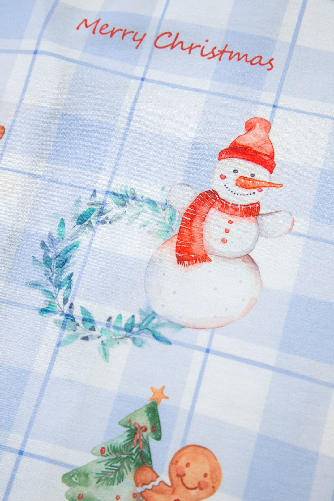 Sky Blue Plaid Cartoon Christmas Pattern Shirt Top 2pcs Pajama Set