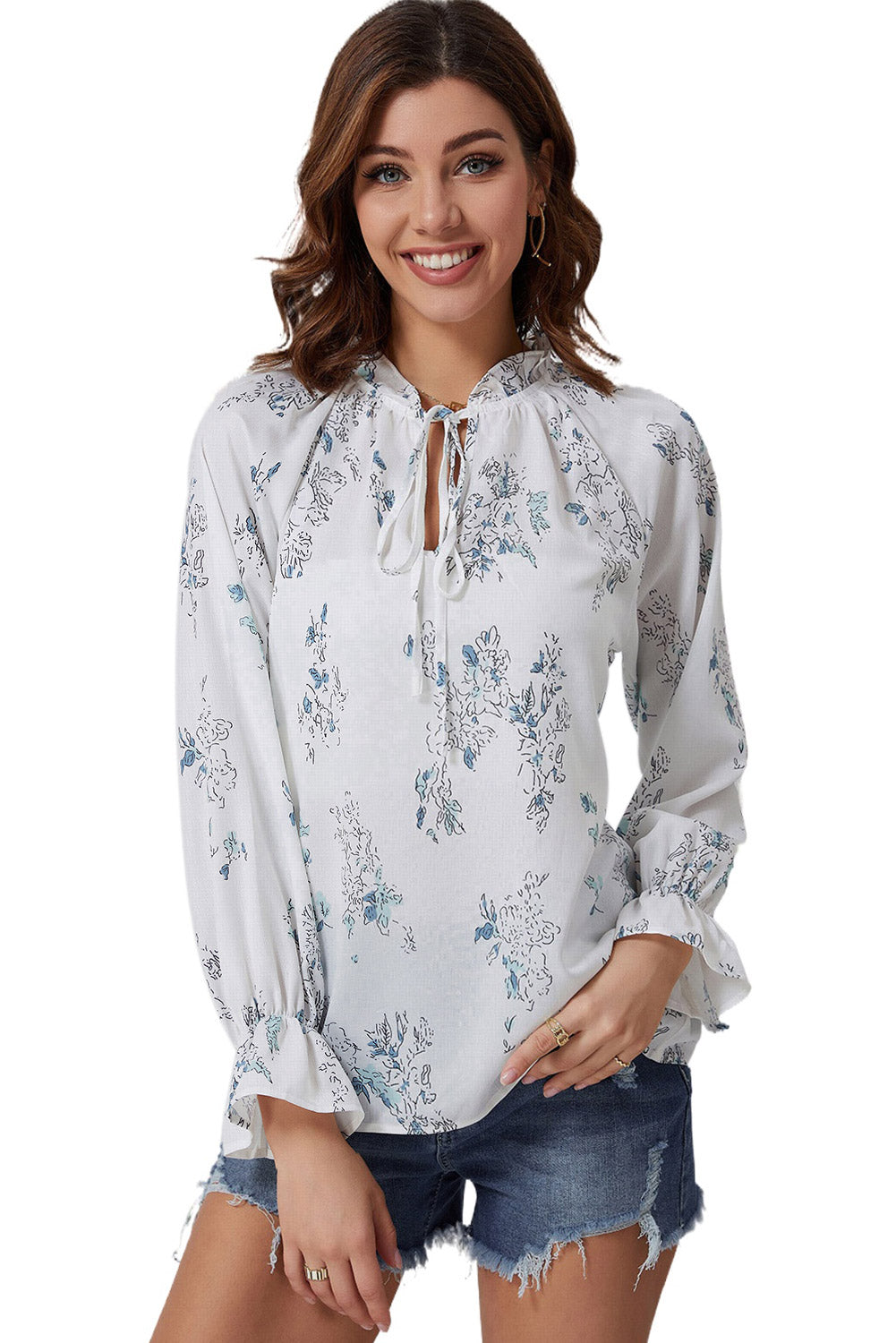 White Floral Tie Neck Long Sleeve Crinkle Blouse