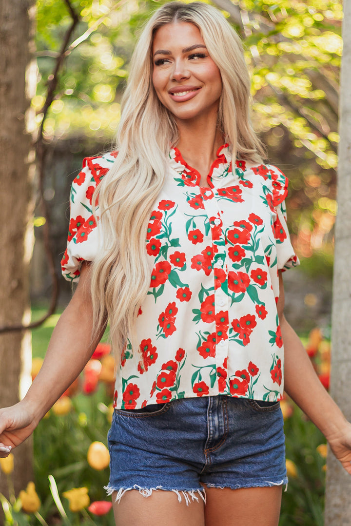 floral print ruffled puff sleeve elegant summer shirt