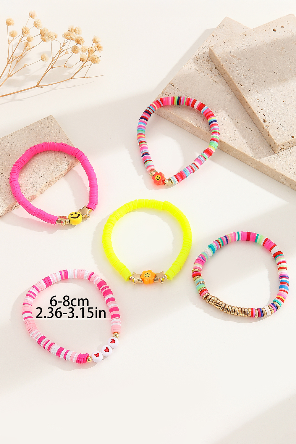 Smile Face Flower Beaded 5pcs Bracelet Set (Color of Flower May Vary)