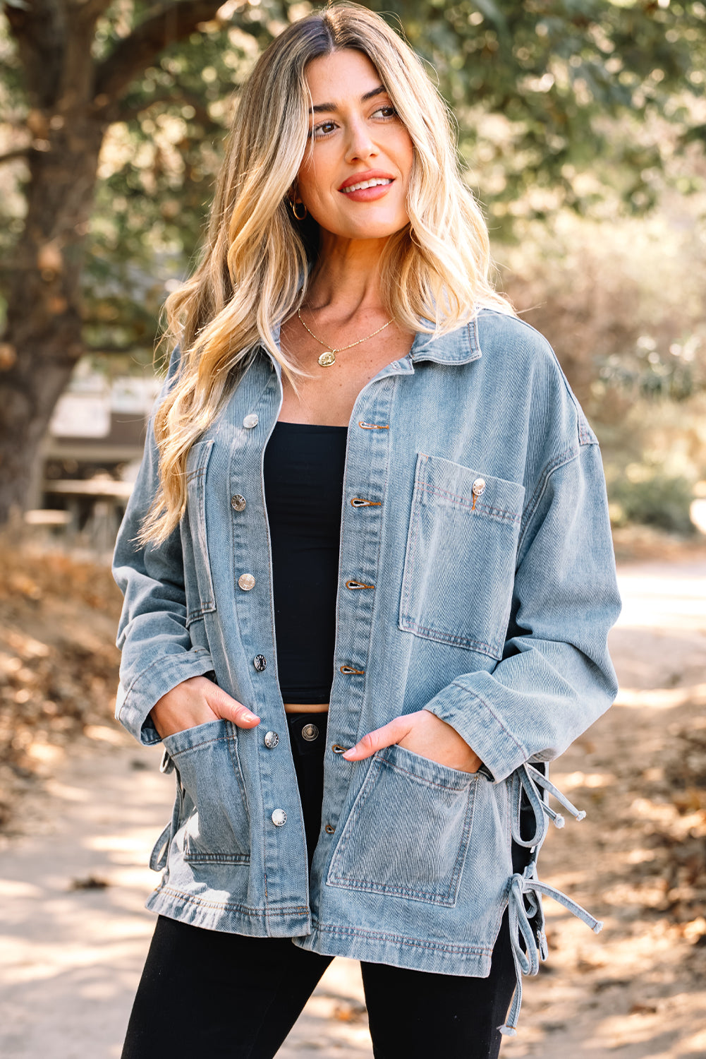 Multi Patched Pockets Side Tie up Boyfriend Style Denim Jacket