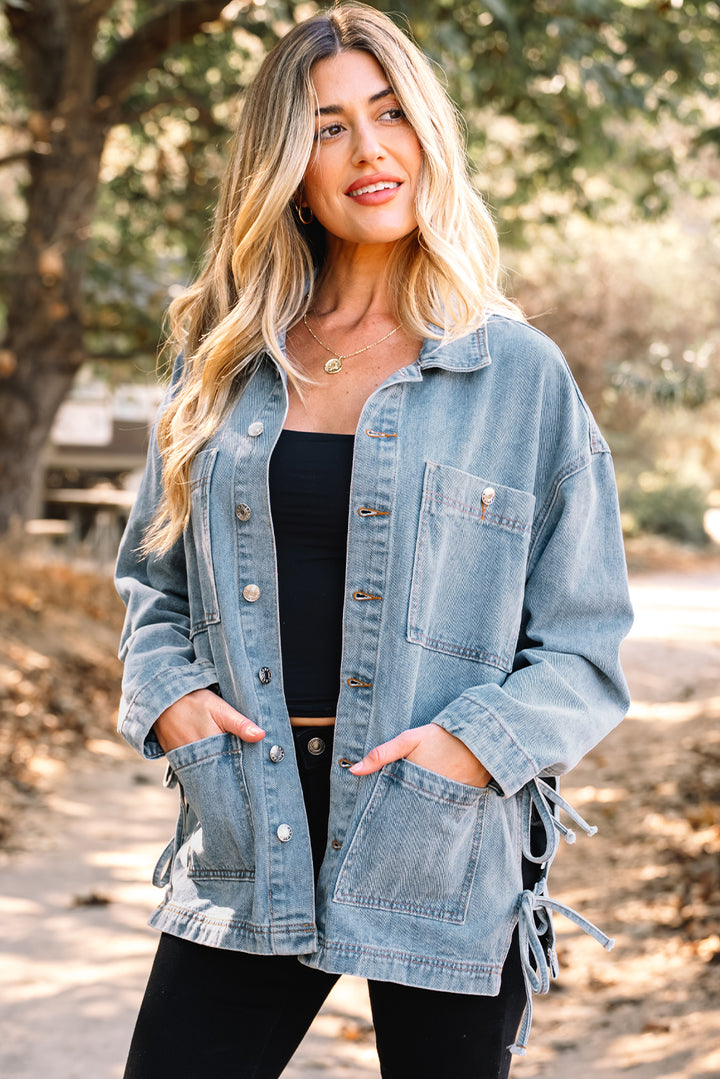 Multi Patched Pockets Side Tie up Boyfriend Style Denim Jacket