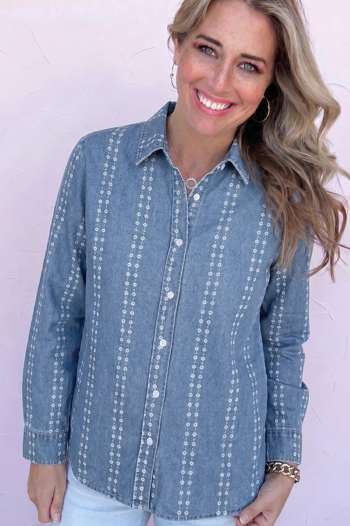 Myosotis Floral Print Button-Down Long Sleeve Denim Shirt