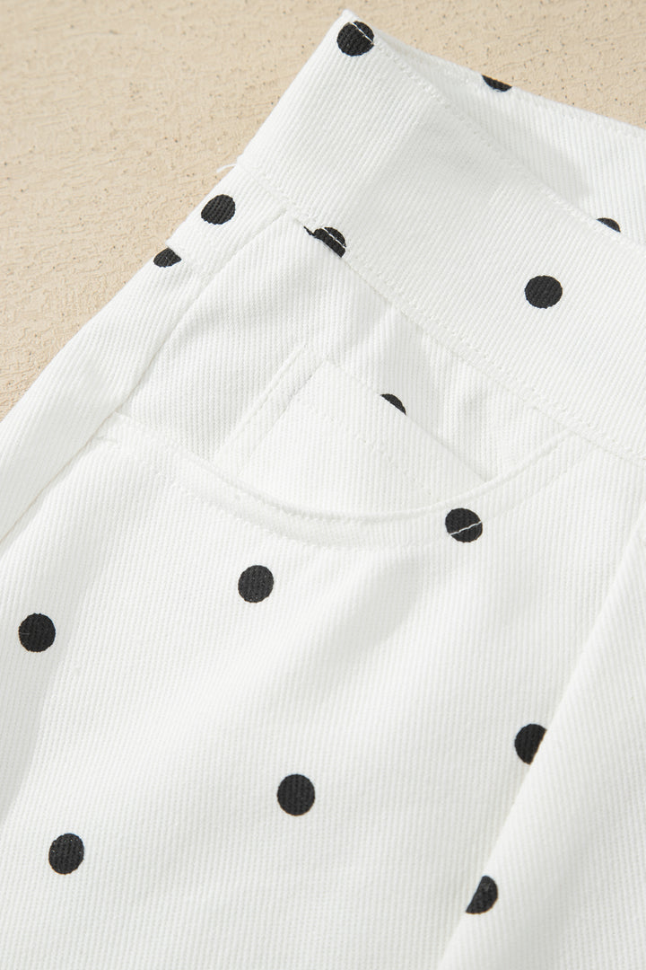 White Polka Dot Print Embroidered Scallop Hem Shorts