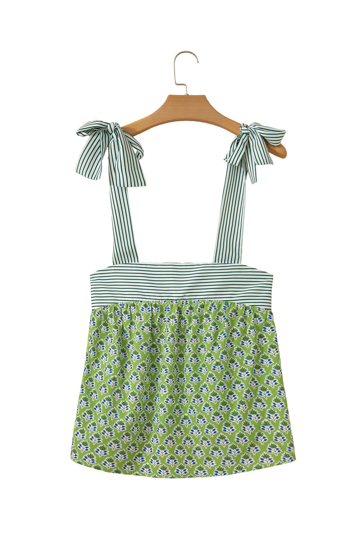 Green Floral Printed Knot Straps Babydoll Tank Top