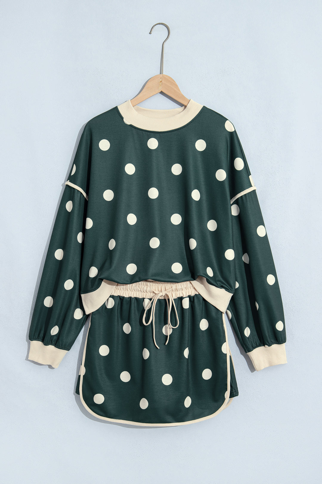 Green Polka Dot Print Trim Baggy Pullover Drawstring Skirt 2pcs Set