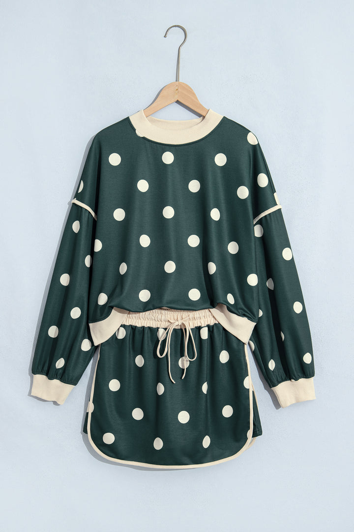 Green Polka Dot Print Trim Baggy Pullover Drawstring Skirt 2pcs Set
