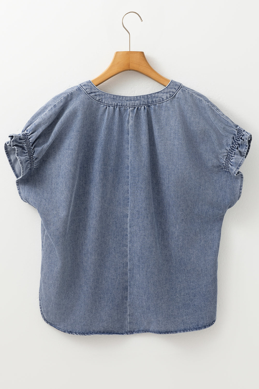 V Neck Ruffled Short Puff Sleeve Denim Top