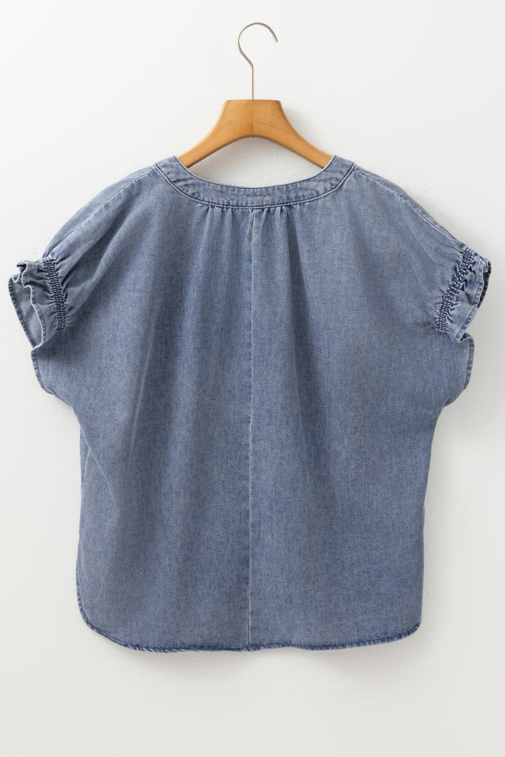 V Neck Ruffled Short Puff Sleeve Denim Top
