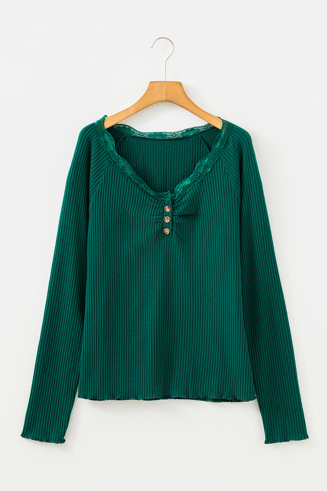 Skobeloff Lace Neckline Button Decor Lettuce Edge Long Sleeve Ribbed Top