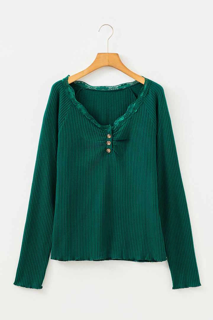 Skobeloff Lace Neckline Button Decor Lettuce Edge Long Sleeve Ribbed Top