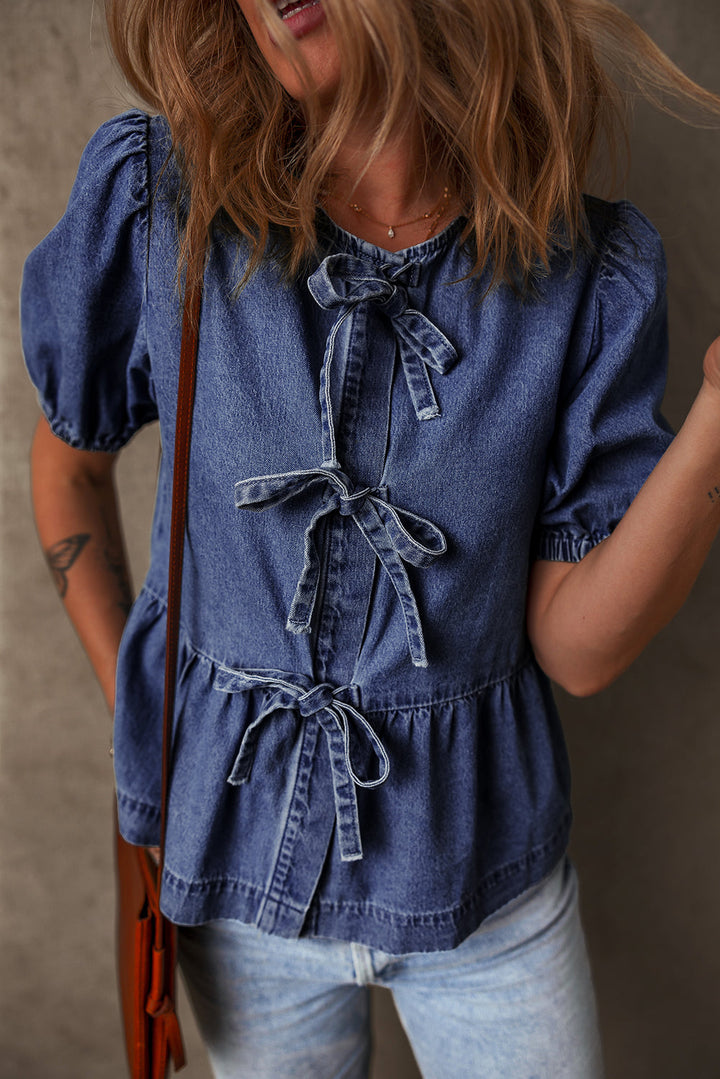 Tied Front Bubble Sleeve Peplum Denim Shirt