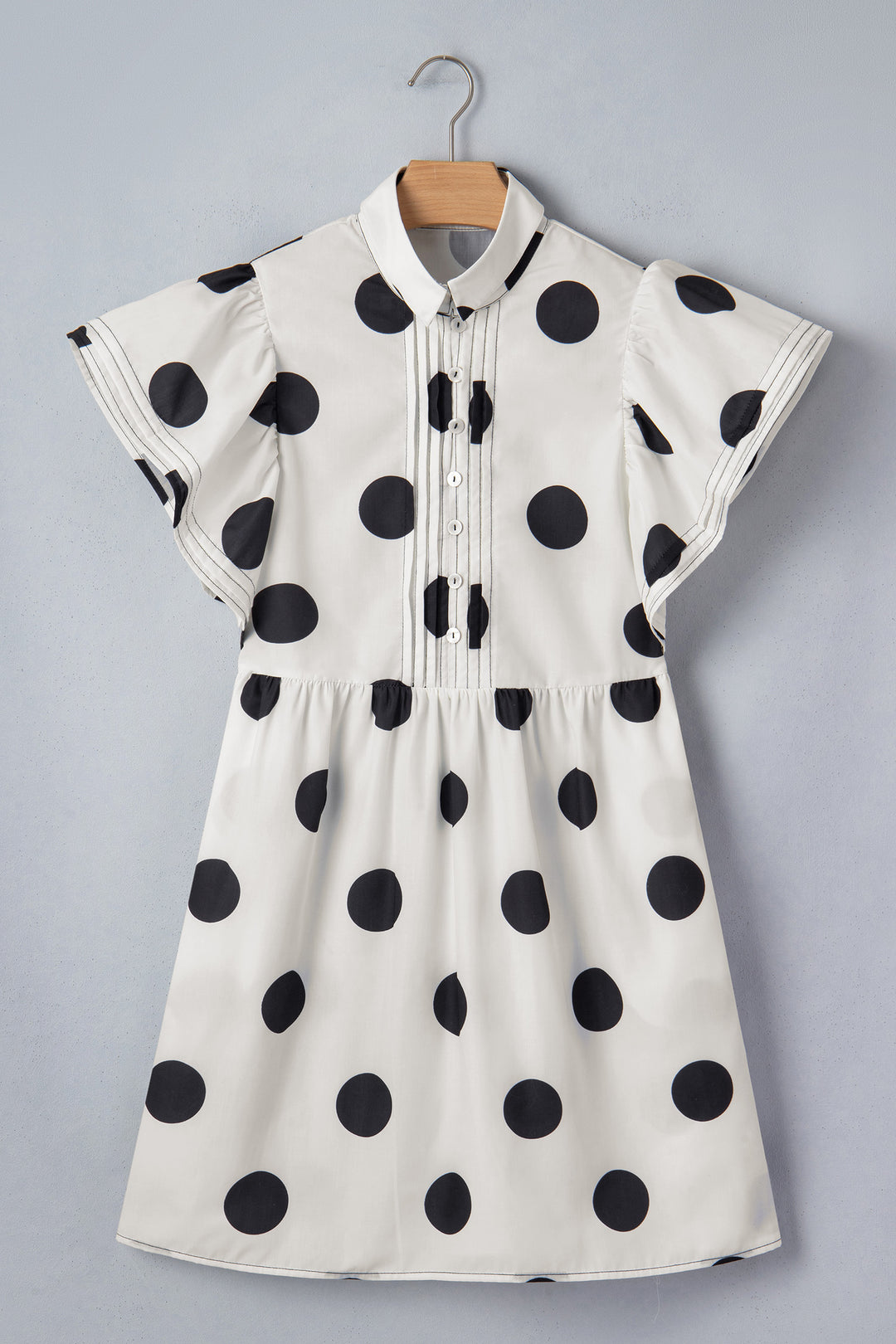 Polka Dot Print Half Button Ruffled Short Sleeve Loose Mini Dress