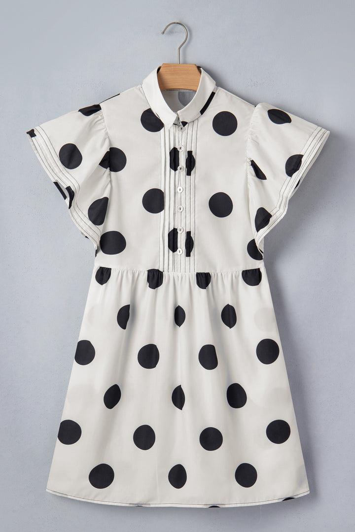 Polka Dot Print Half Button Ruffled Short Sleeve Loose Mini Dress