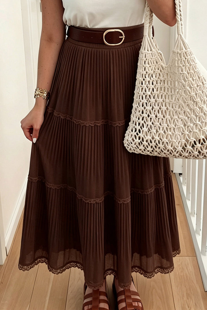 Coffee Solid Color Pleated Lace Trim Tiered Long Skirt