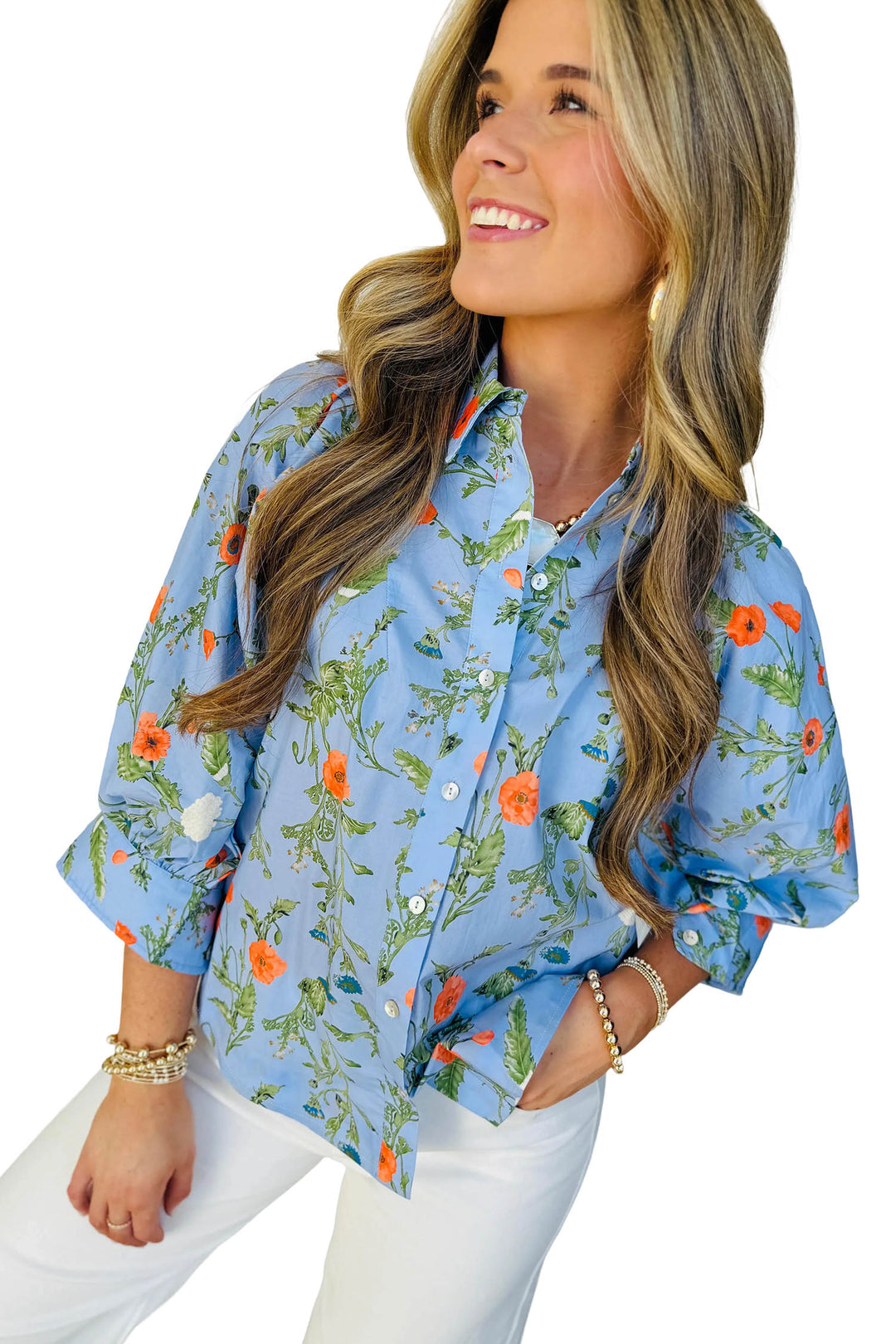 Sky Blue Floral Print Bracelet Sleeve Button Down Casual Shirt