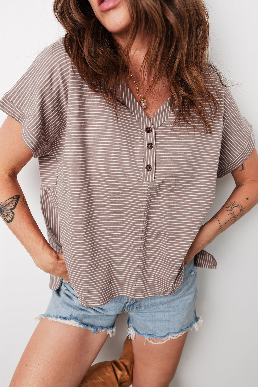 Buttoned V Neck High Low Side Slit T Shirt