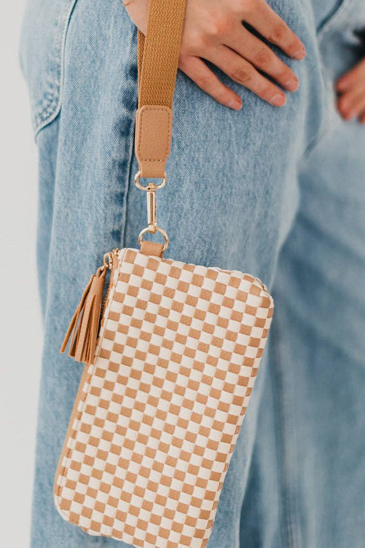 Chestnut Checkered  Woven Clutch Wristlet PU Leather Large Size Patterned Wallet