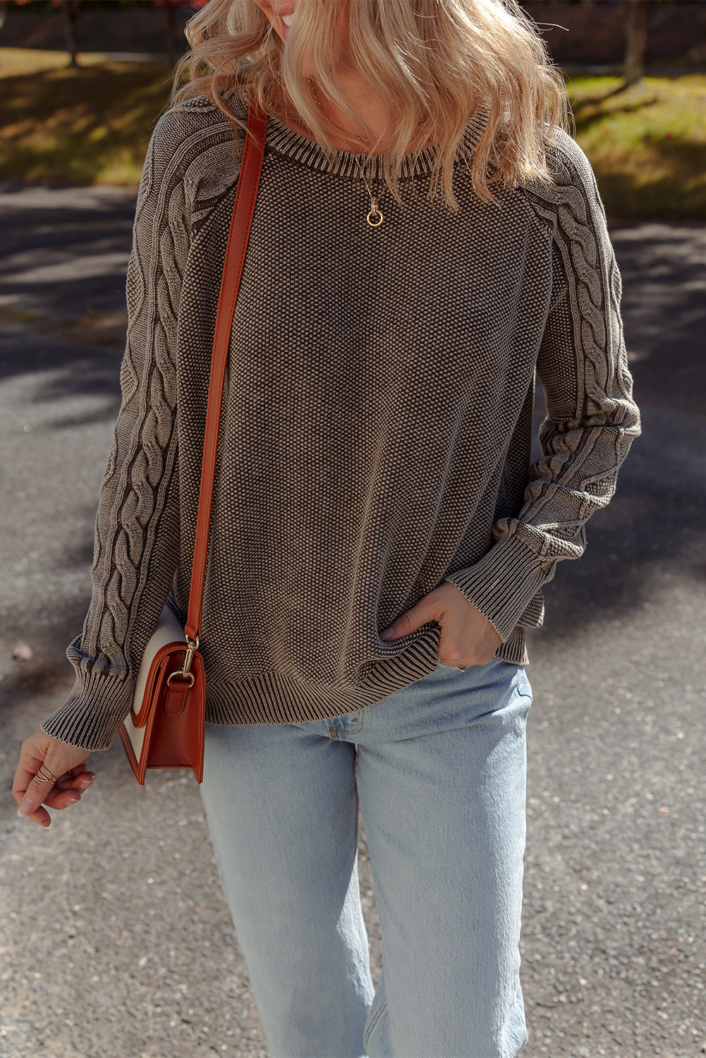 Contrast Cable Knit Sleeve Casual Sweater