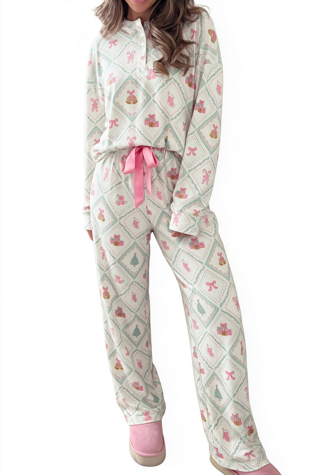 White Long Sleeve Patchwork Shift Christmas Daily Wear Lounge Set