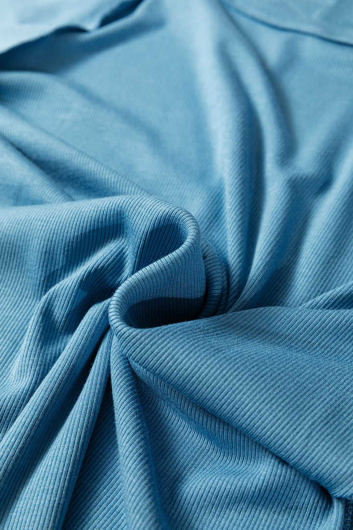 Summer Blue Crew Neck Cap Sleeve Ribbed T Shirt