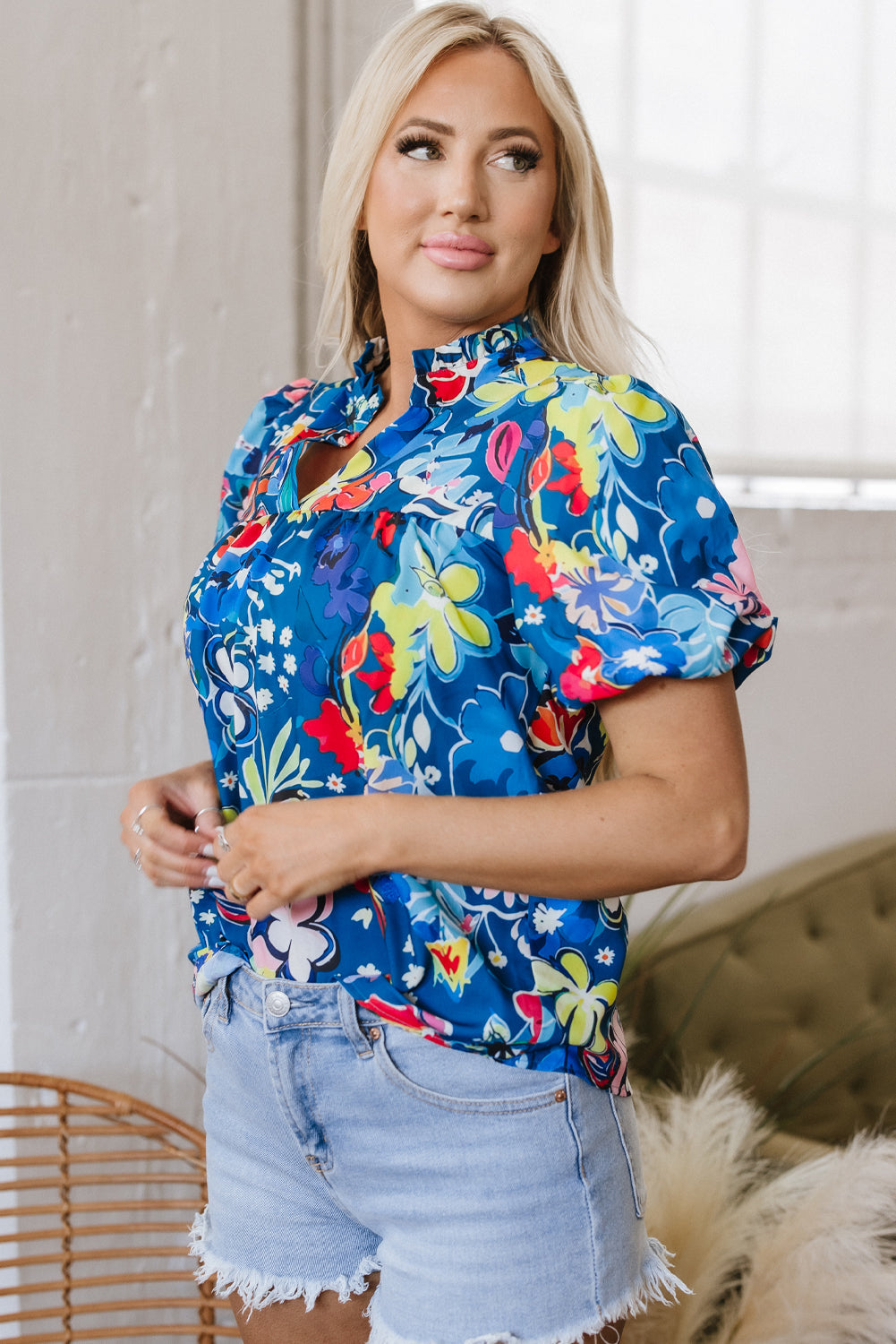 flower print collared v neck puff short sleeve loose blouse
