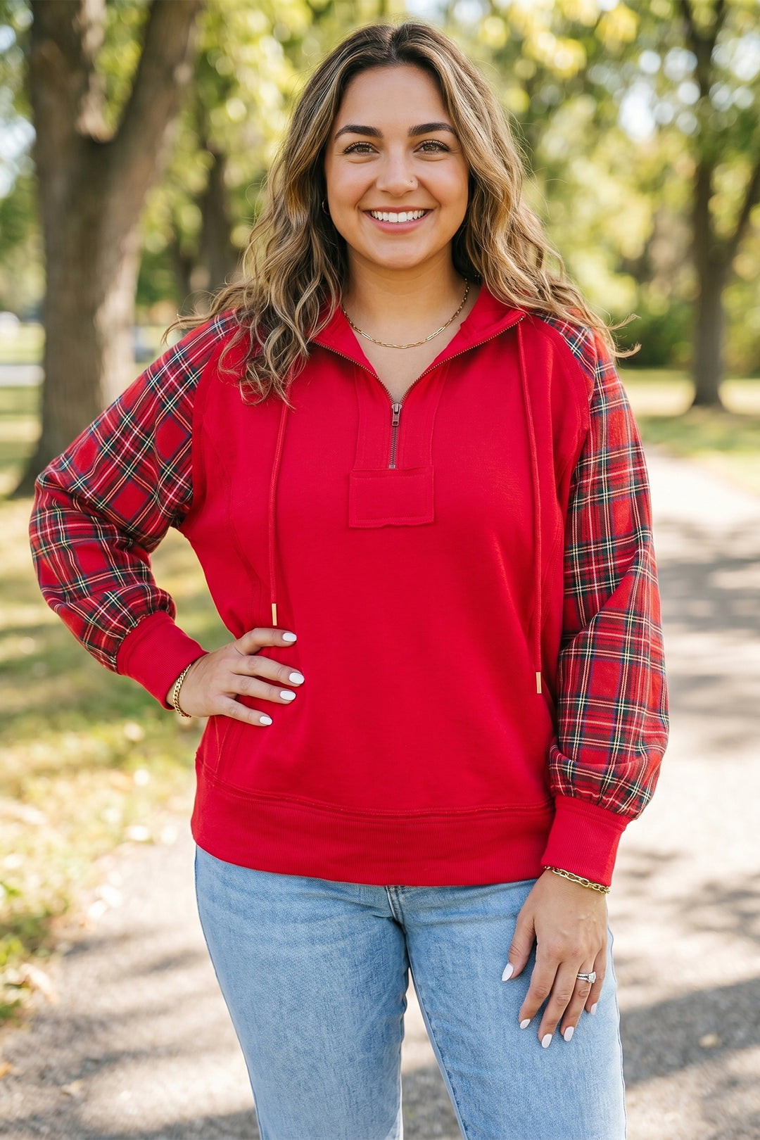 Fiery Red Plaid Sleeve Colorblock Zip-Up Shift Silhouette Ribbed Hem Plus Size Hoodie