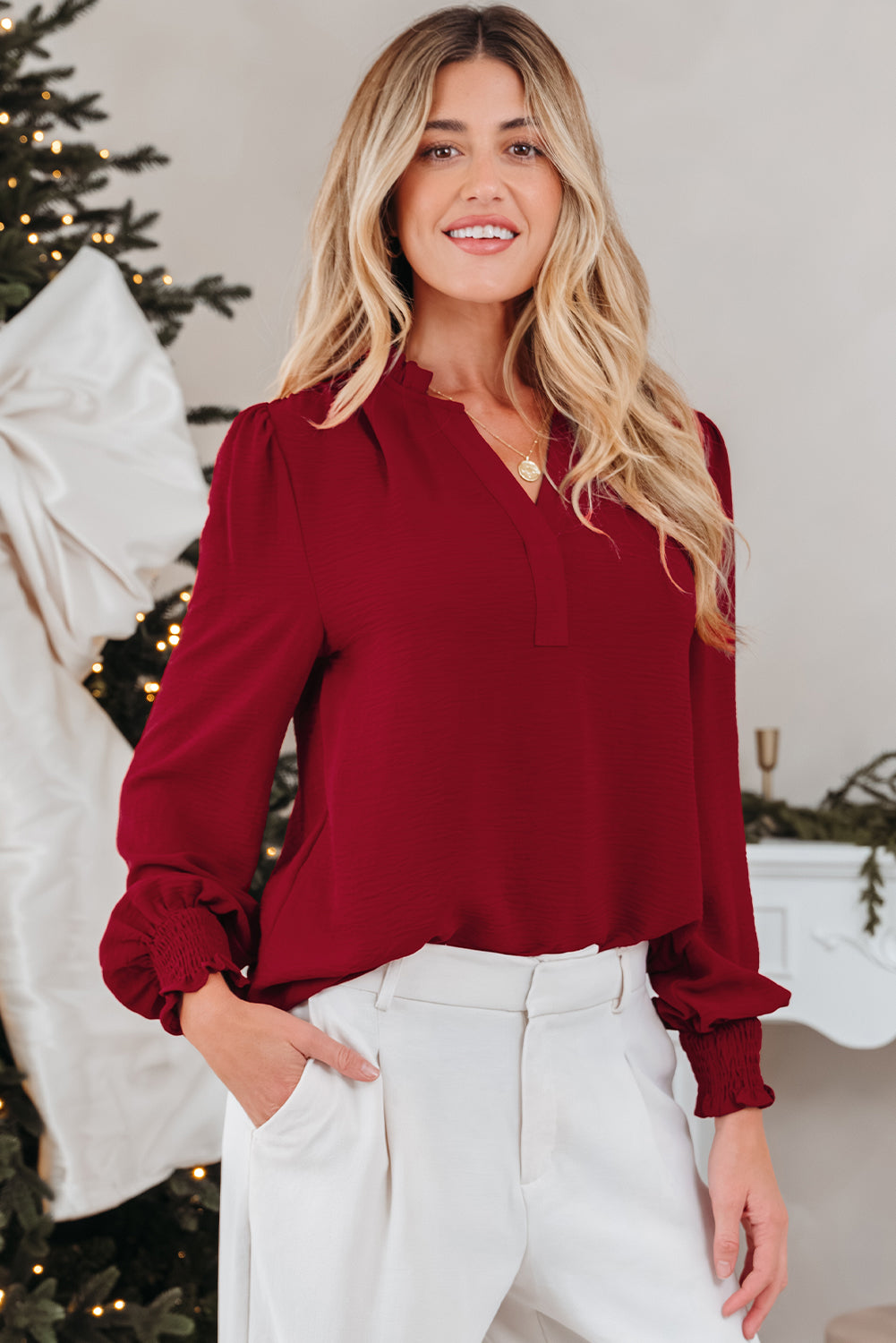 Notched Neck Shirred Cuff Long Sleeve Blouse