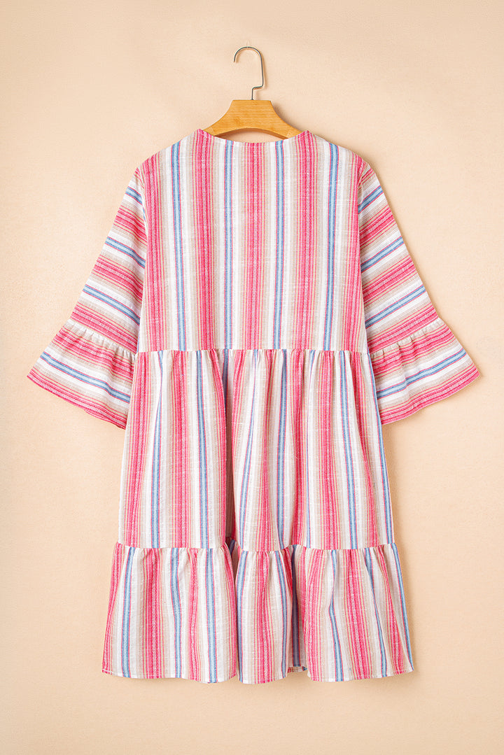 White Stripe Embroidered Detail Flared 3/4 Sleeve V Neck Plus Size Dress
