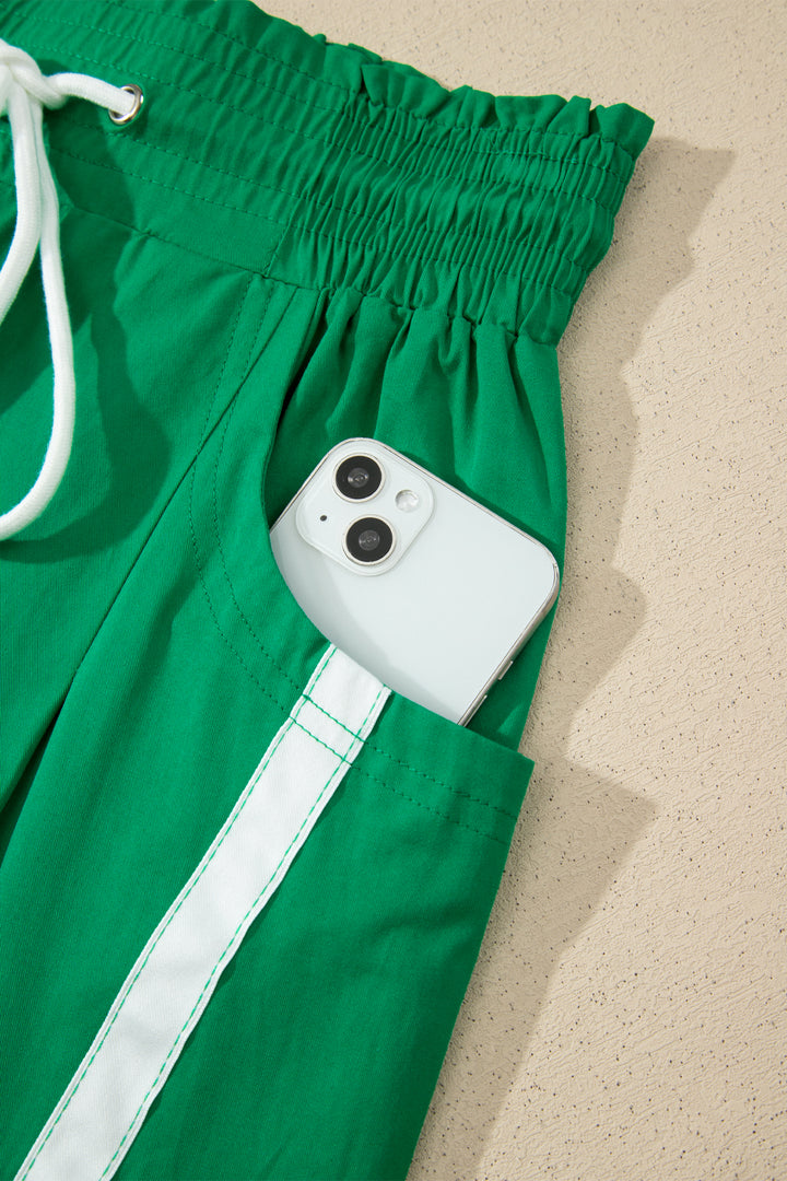 Bright Green Contrast Striped Smocked Waist Drawstring Cropped Casual Pants