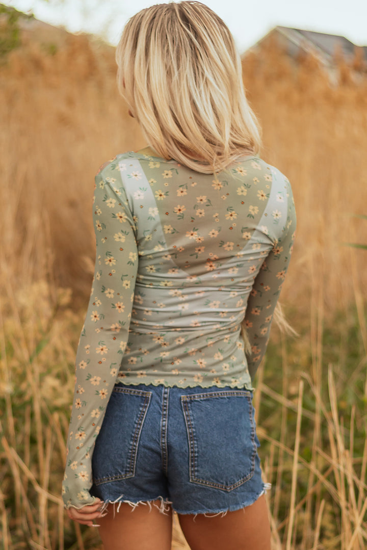 Vintage Floral Print Southern Style Mesh Long Sleeve Top