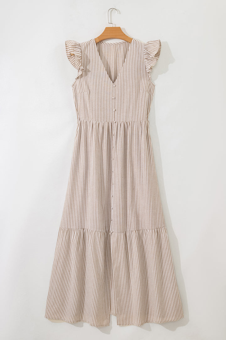 Flutter Sleeve Buttoned Front Slit Maxi Dress