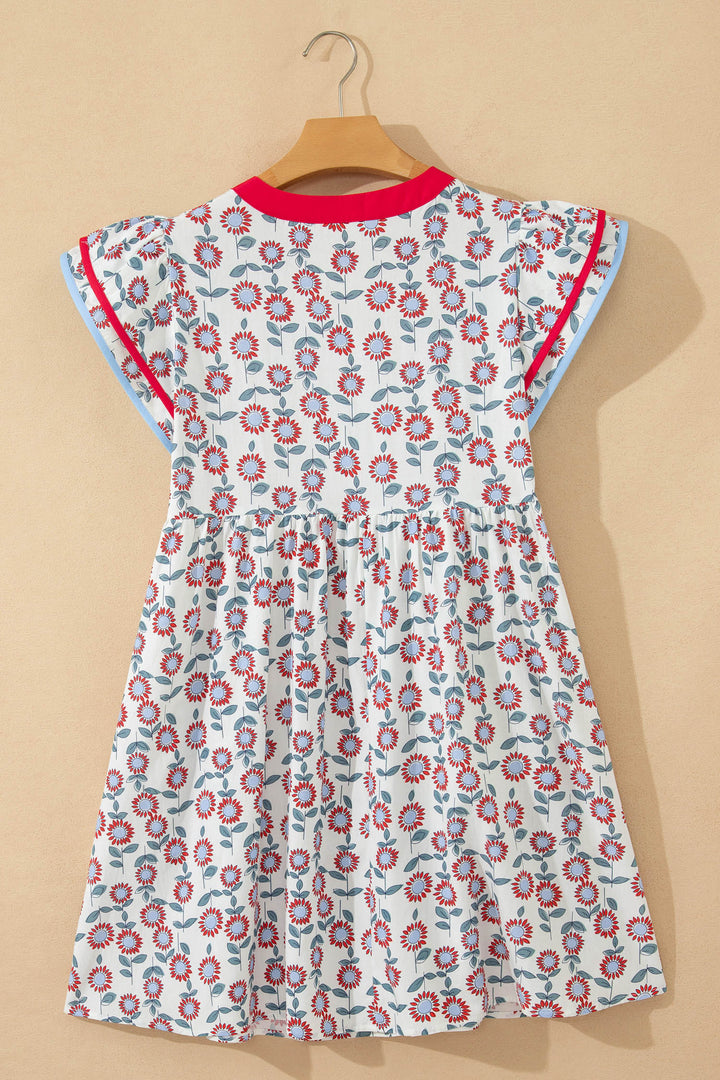 Red Floral Print Contrast Trim Flutter Sleeve Mini Dress