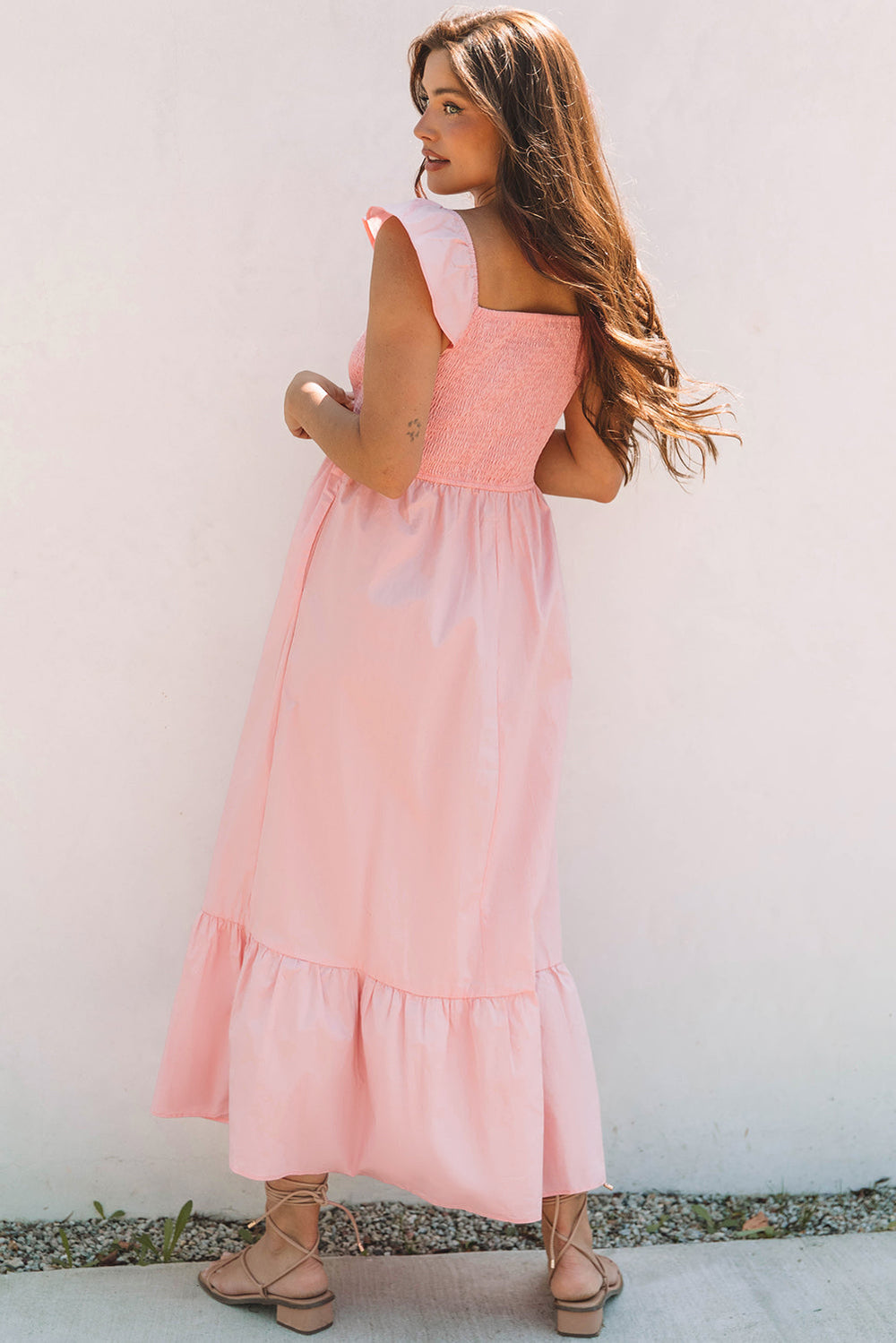 pink v neck flutter sleeve smocked bodice high waist ruffle maxi dress