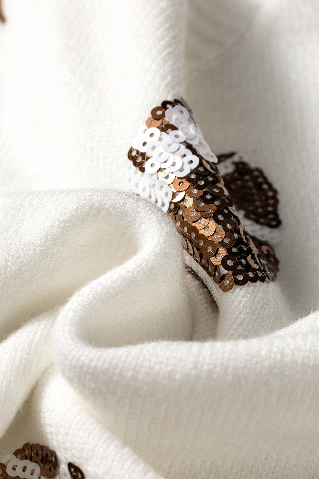 Beige Sequin Football Print Round Neck Long Sleeve Loose Fit Sweater