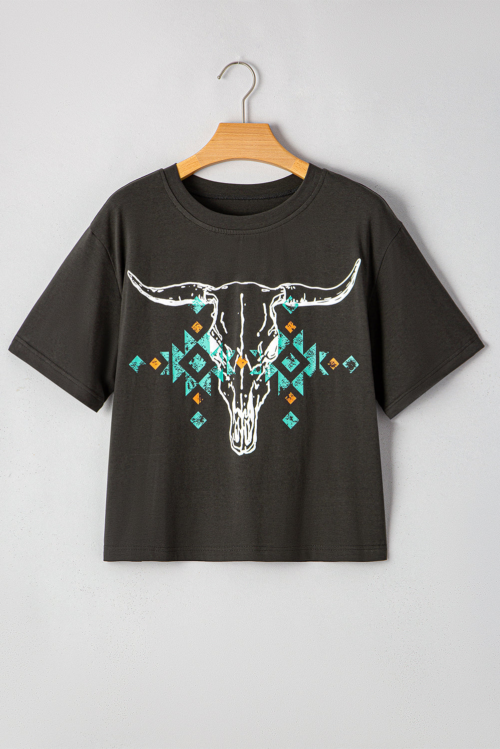 Vintage Western Bull Head Skull Turquoise Aztec Graphic T Shirt