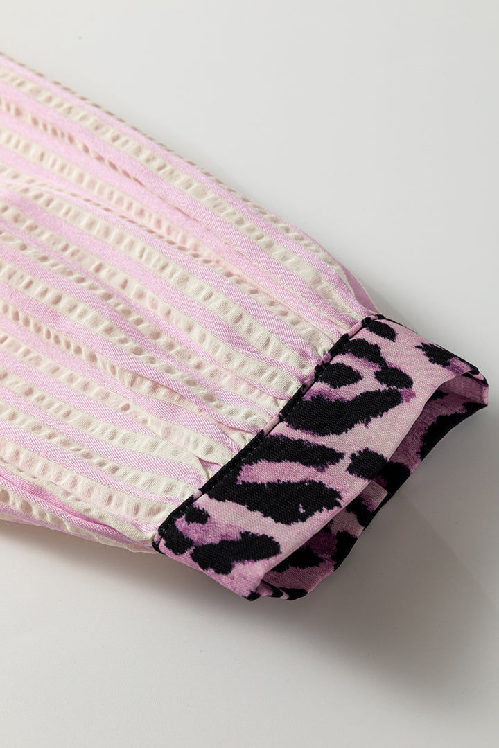 Pink Stripe Leopard Patchwork Long Sleeve Shirt