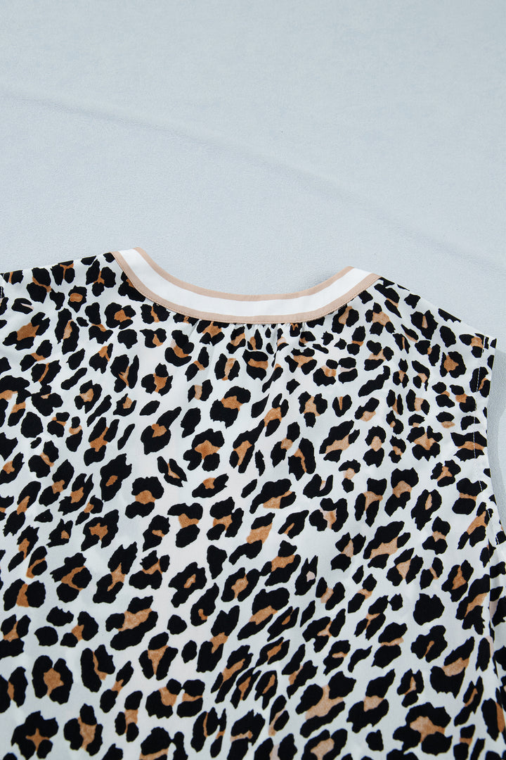 White Leopard Print Colorblock Trim Sleeveless Midi Dress